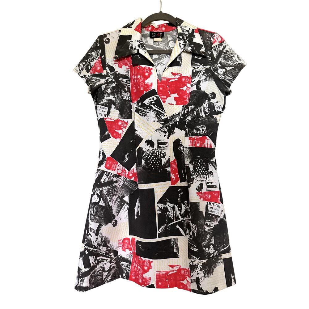 Vintage Rare Archival 80s Stop Only Beatles Pop Culture Media Collage Mini Dress